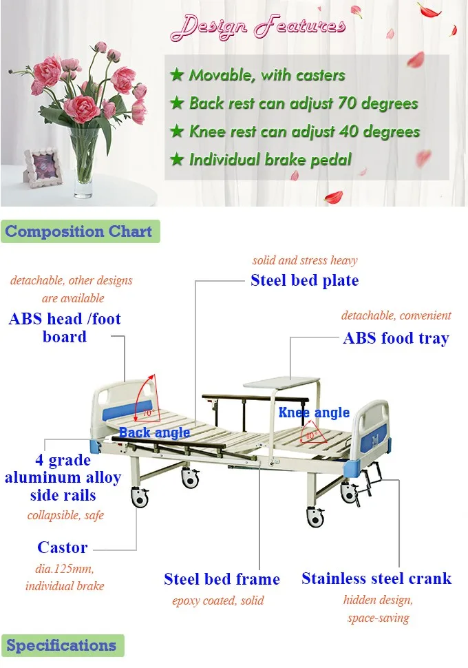 Factory Direct Movable Fullflower Manual Adjustable Cheap Hospital Bed