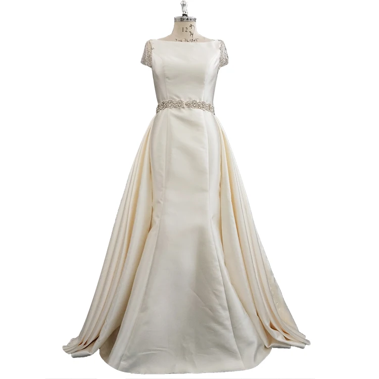 Simple Alibaba Wedding Dress With Detachable Train Satin Fabric Beaded ...