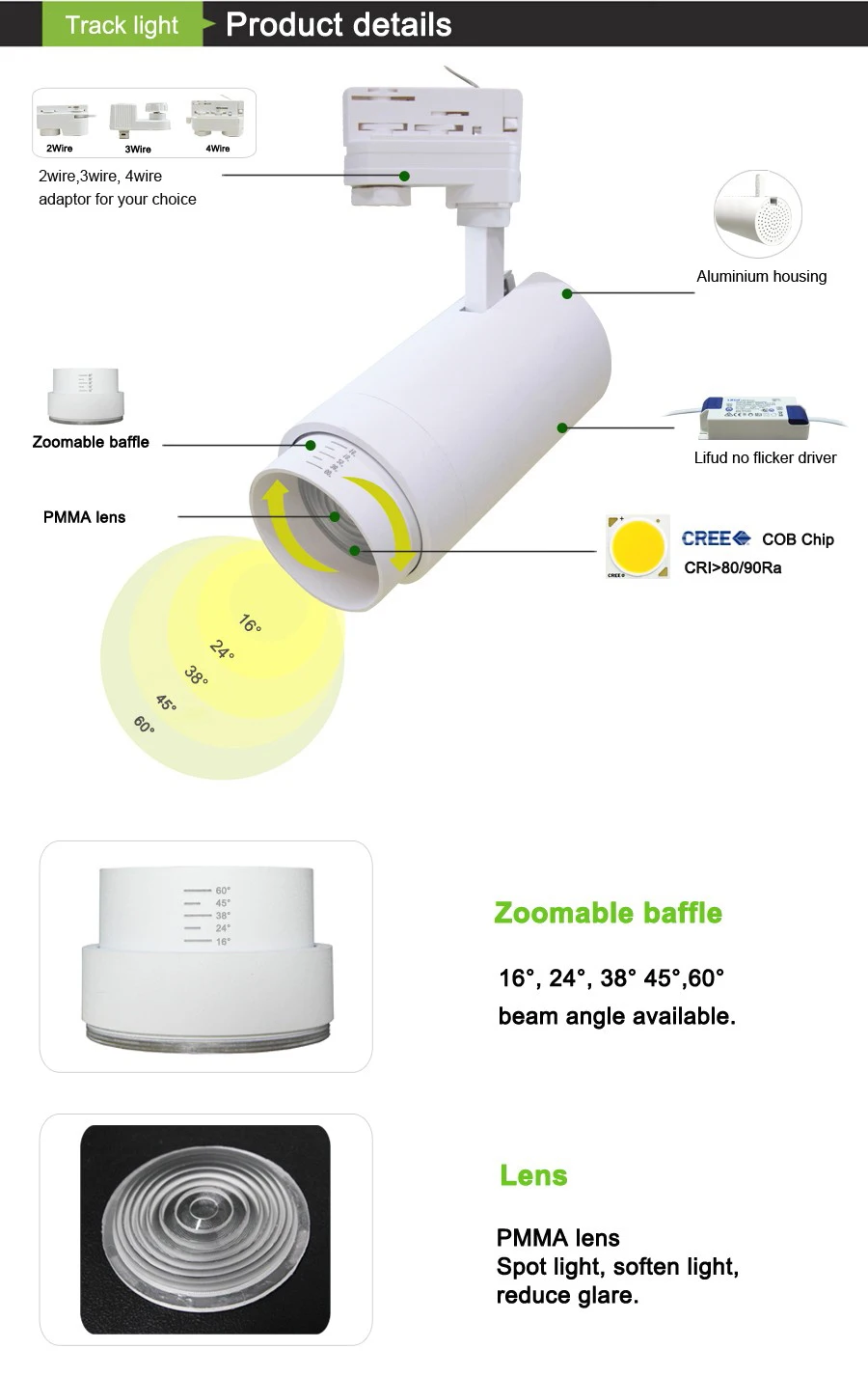 C01 Design 20W 30W 40W 50W Dimmable COB track light led 30w