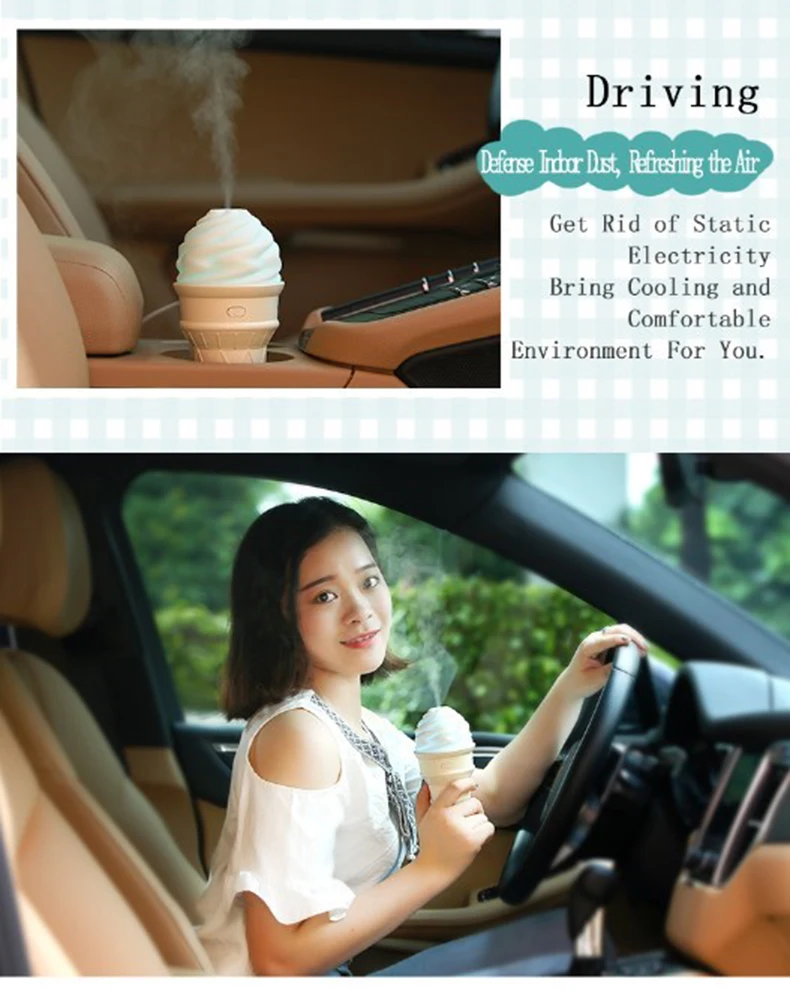 Newest Ice Cream Shape USB Cool Mist Air Ultrasonic Humidifier with Colorful Nightlight