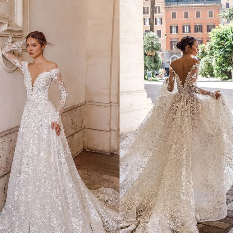 Luweiya Wedding Dress Bridal Gown Low Back Long Sleeve A Line