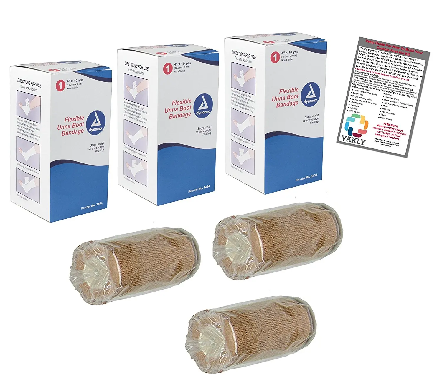 4" Unna Boot Bandage with Zinc Oxide + Self Adhesive Wrap (3 of Each) + Vakly 1st Aid Kit Guide …