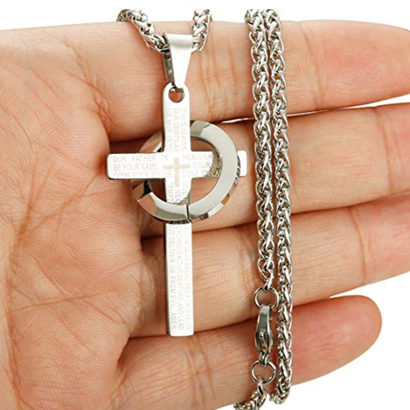 Prayer Bible Stainless Steel Cross Necklaces For Men Women Jesus Cross