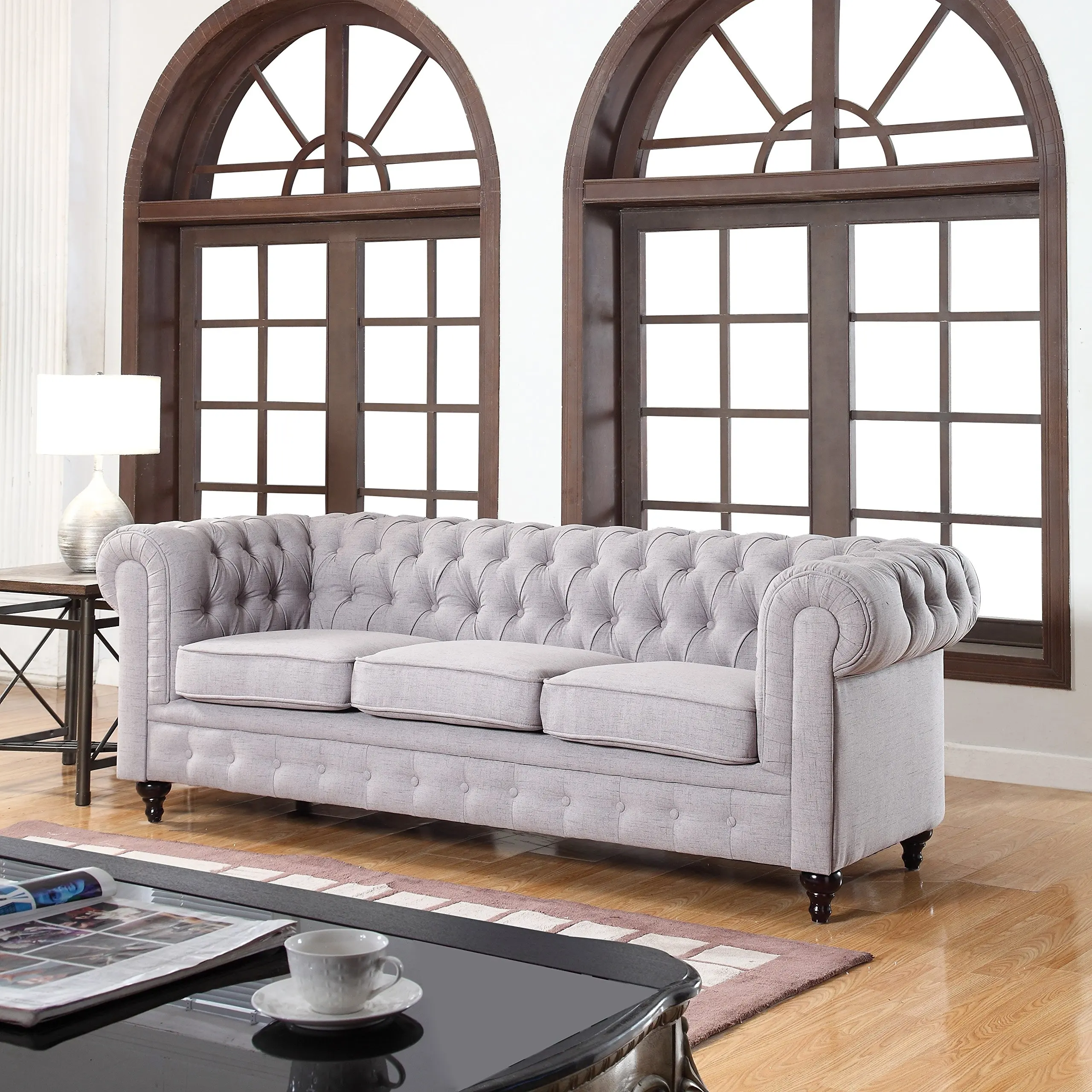 Classic Linen Fabric Scroll Arm Tufted Button Chesterfield Style Sofa (Stone)