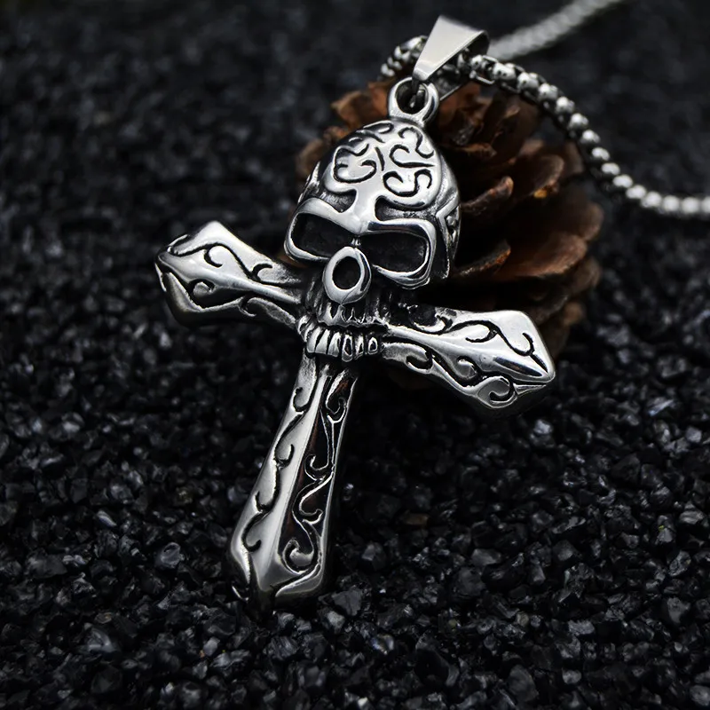 Biker Gothic Skull Skeleton Chief Head Stainless Steel Silver Pendant Necklace 