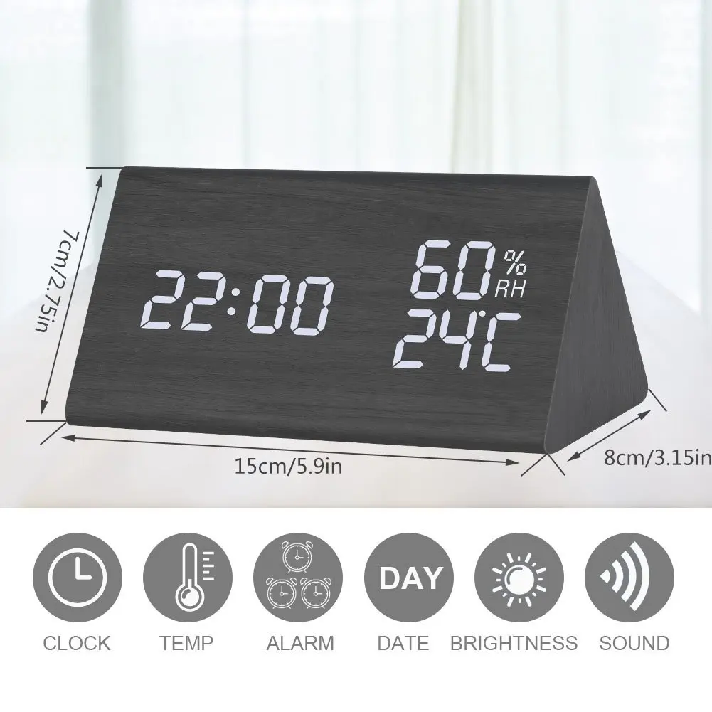 Snooze Dimmer Wood Table Alarm Clock Hygrometer Voice Command - Buy ...