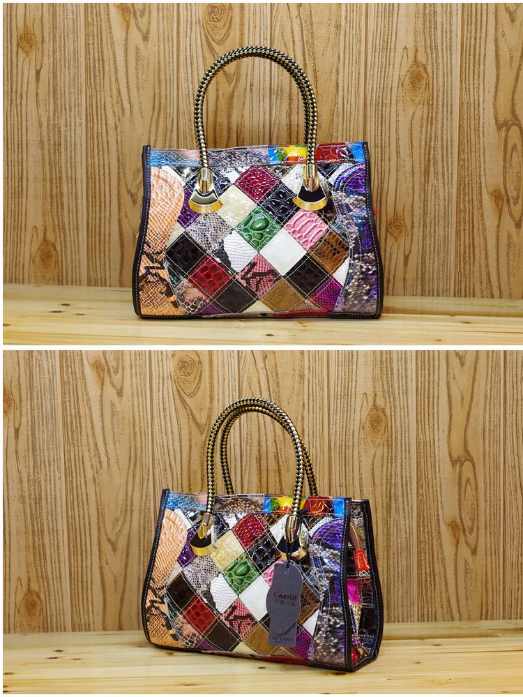 Color Clash 100% Genuine Leather Snake Ladies Handbag Tote Purse Shoulder Bag 