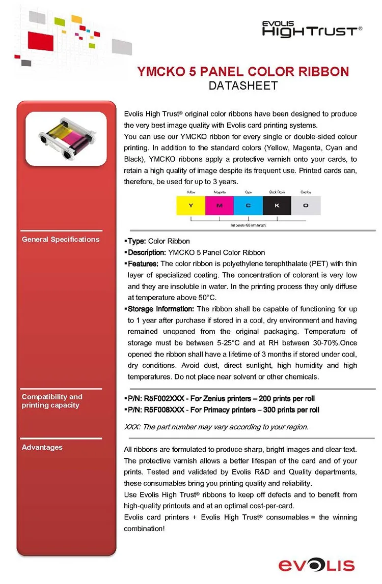Zenius Color Ribbon Original 300 Prints Evolis Primacy/zenius Full Panel Ymcko Color Ribbon ...