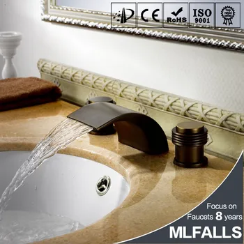 Oil Rubbed Bronze Double Handles Waterfall Bathroom Sink Faucet Deck