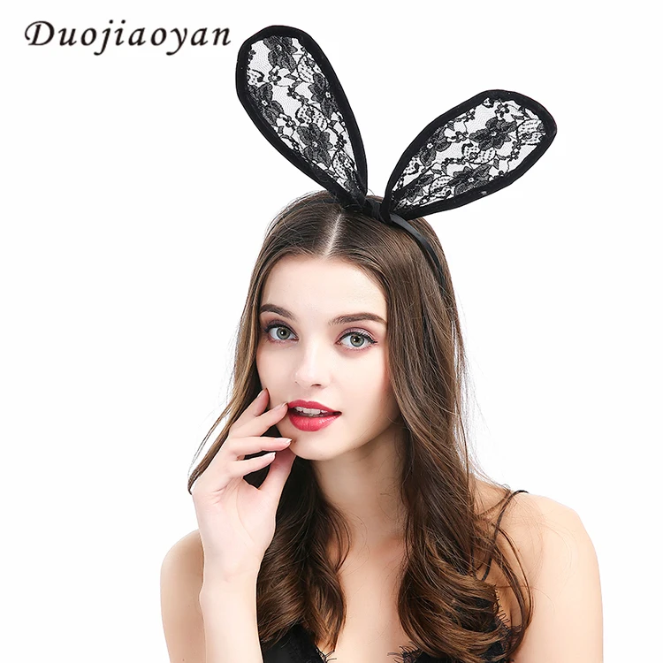 Hot Sale Fashion Lace Bunny Rabbit Ears Headband Women Sexy Halloween Party Black Hair Band 8991