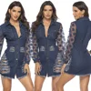 Free Shipping Hollow Lace Sleeve Jointed denim dress Make old long sleeve casual denim dresses