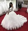 ZH3106G Amazing Lace Ball Gown Wedding Dresses With Long Sleeves Sheer Bateau Neck Hollow Back Bridal Dress Appliqued Chapel