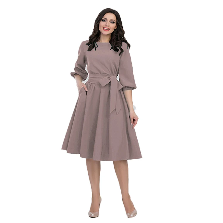 Women 2018 New Fashion Casual Dress Autumn Solid Colour Sashes A-line ...