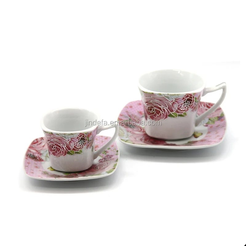 90cc 180cc Floral Ceramic Square Tea Cups / Rose Painting Fine Ceramic