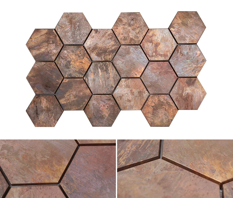House Decoration Bathroom Bronze Style Antique Copper Mosaic Tile Metal Mesh-mounted Hexagon Bronze Mosaic Tile