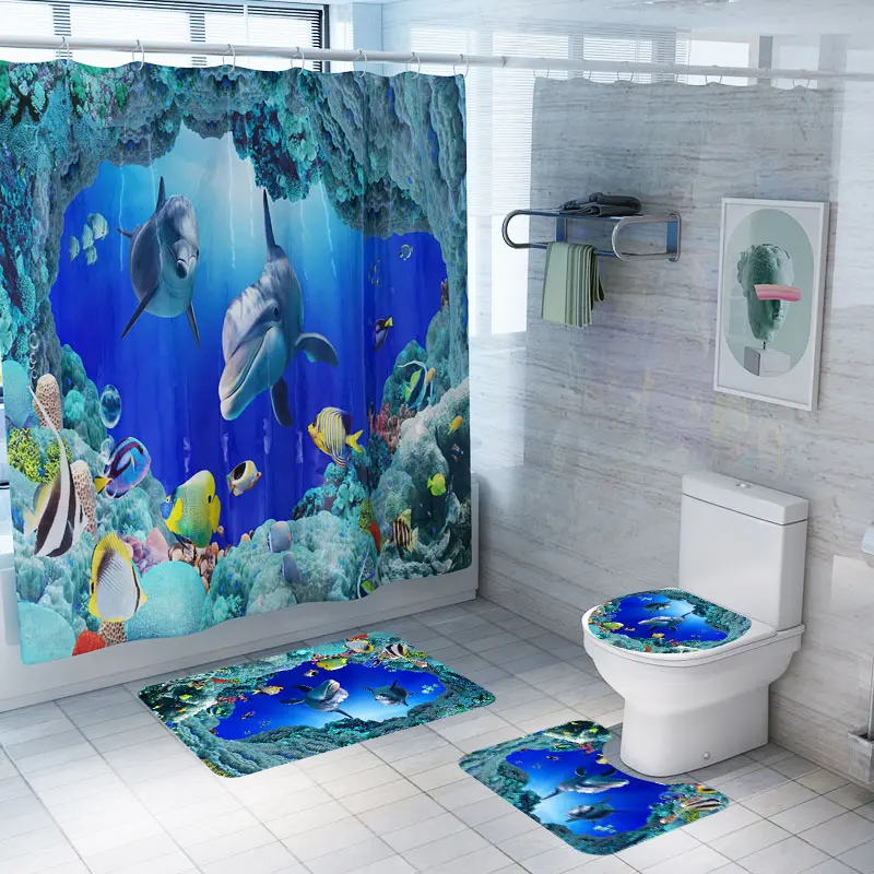 Amazon Anti Slip Bathroom Rug 4 Piece Set Custom print Shower curtain