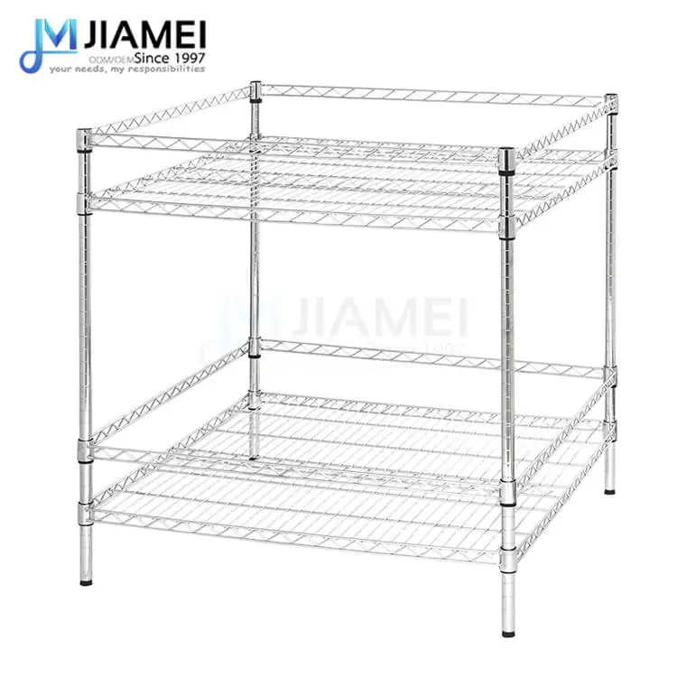 Square 2 Layers Chrome Metal Wire Rack Shelf With Protective Fence (JSW-D363636)