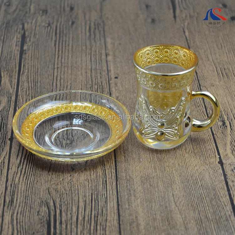 Gold Plating Cups And Saucers Set Hf740392 Glass Plated Coffee Cup And