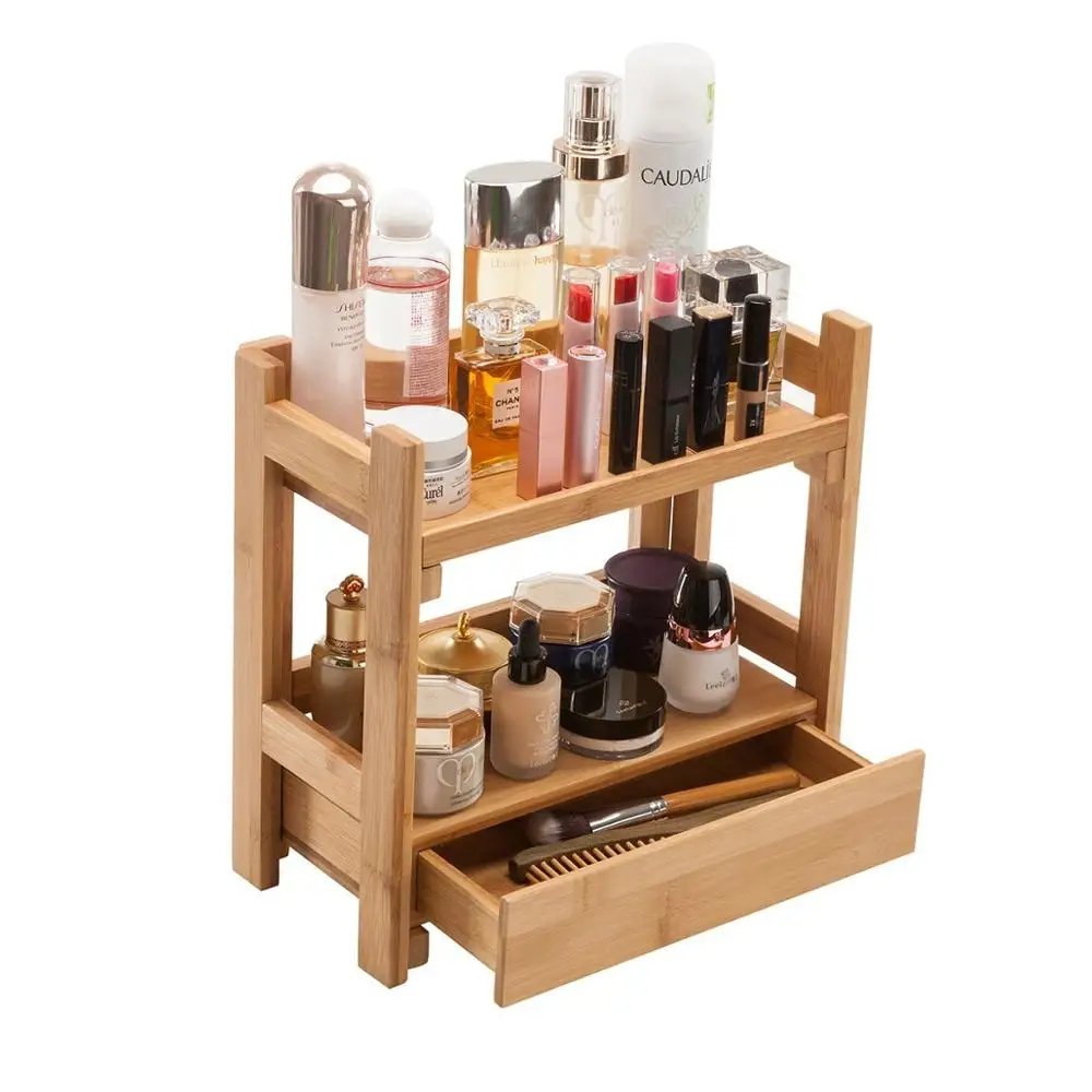 Bamboo Shelf With Drawer Wood Makeup Organizer Nonslip Design Perfect