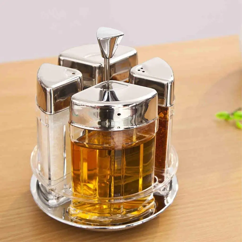 HLL Seasoning Bottle European-Style Acrylic Seasoning Box, 304 Stainless Steel Creative Rotation Seasoning Bottle Seasoning Bottle Sets (5 Assembly)