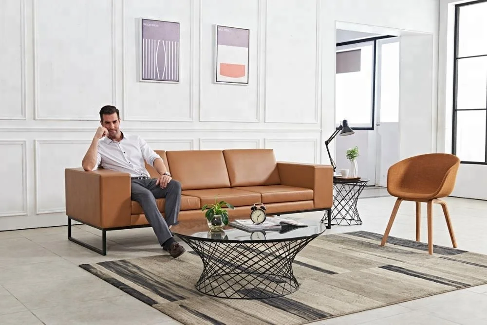 Modern yellow fiber leather three seater large office furniture sofa
