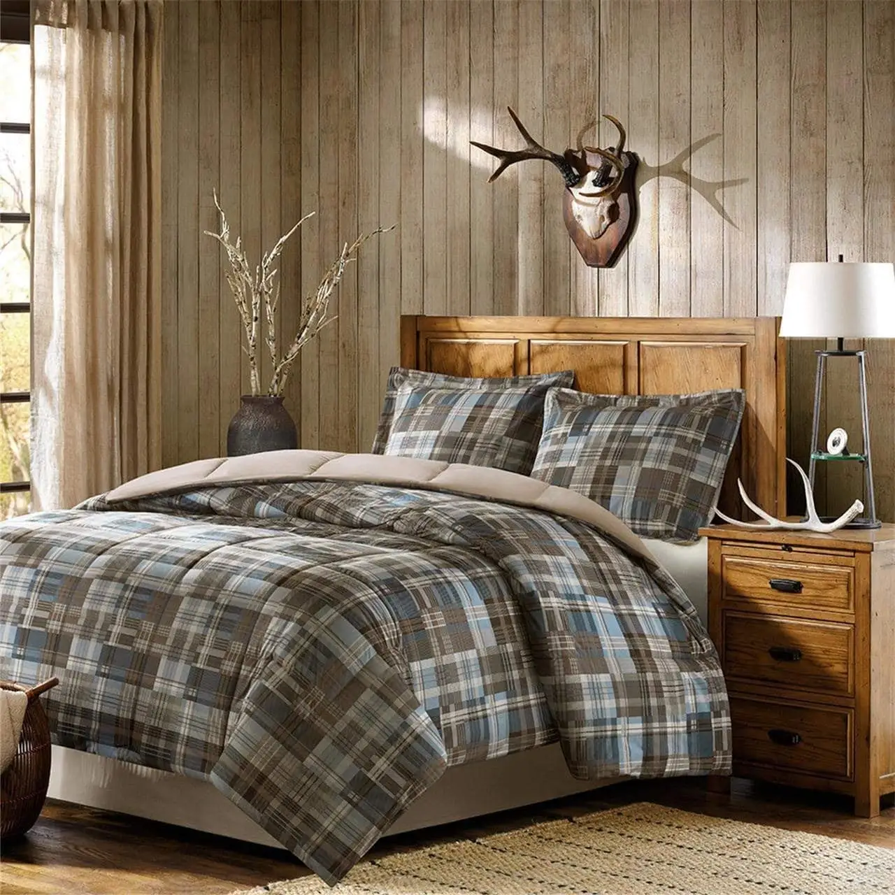3 Piece Brown Blue Plaid Pattern Comforter Full Queen Set, For Luxury Master Bedrooms, Elegance Tartan Checkered Design, Cabin Theme Bedding, Classic Style, Super Soft & Cozy, Polyester, For Unisex