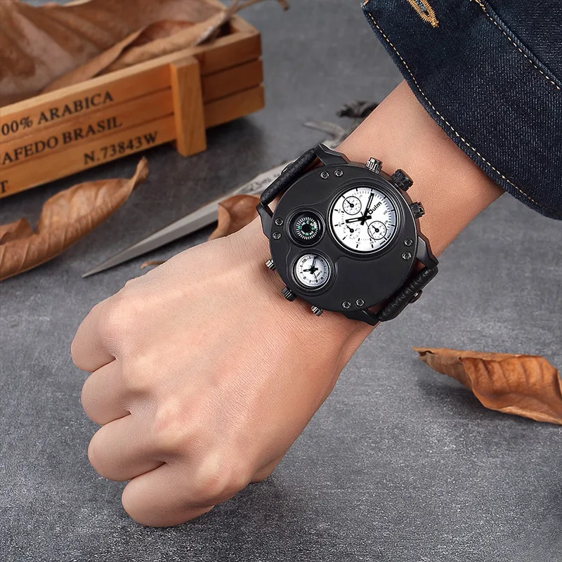 Oulm 3741 relógio de pulso masculino, relógio de quartzo esportivo para uso ao ar livre com pulseira de couro preto, marca de luxo