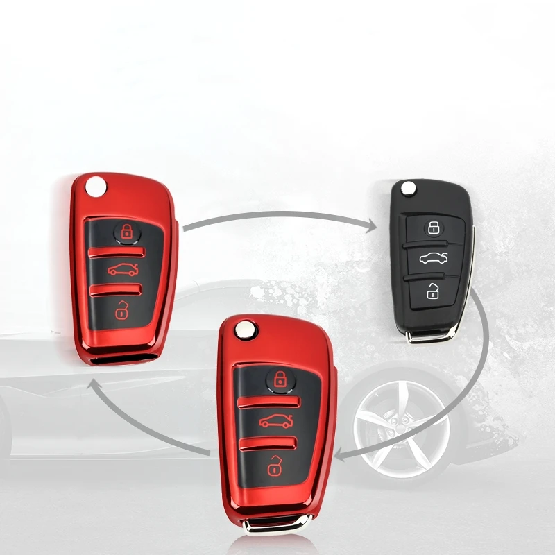 Rouge Coque en Silicone pour Clé Audi Cover Housse TPU Souple en Chrome pour Télécommande Keyless Audi A1 A2 A3 A4 A5 A7 Q1 Q3 Q5 TT Porte-clé Protection 