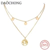 New 2019 Trendy 925 Sterling Silver Gold Coin Double Layer Necklace World Map Choker Necklace For Women