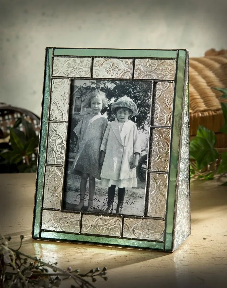 J Devlin Pic 122-46V Green Picture Frame 4x6 Vertical Photo Vintage Stained Glass Tabletop