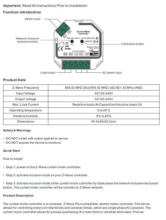 Z-wave plus 908.42HZ automatic curtain controller for smart home