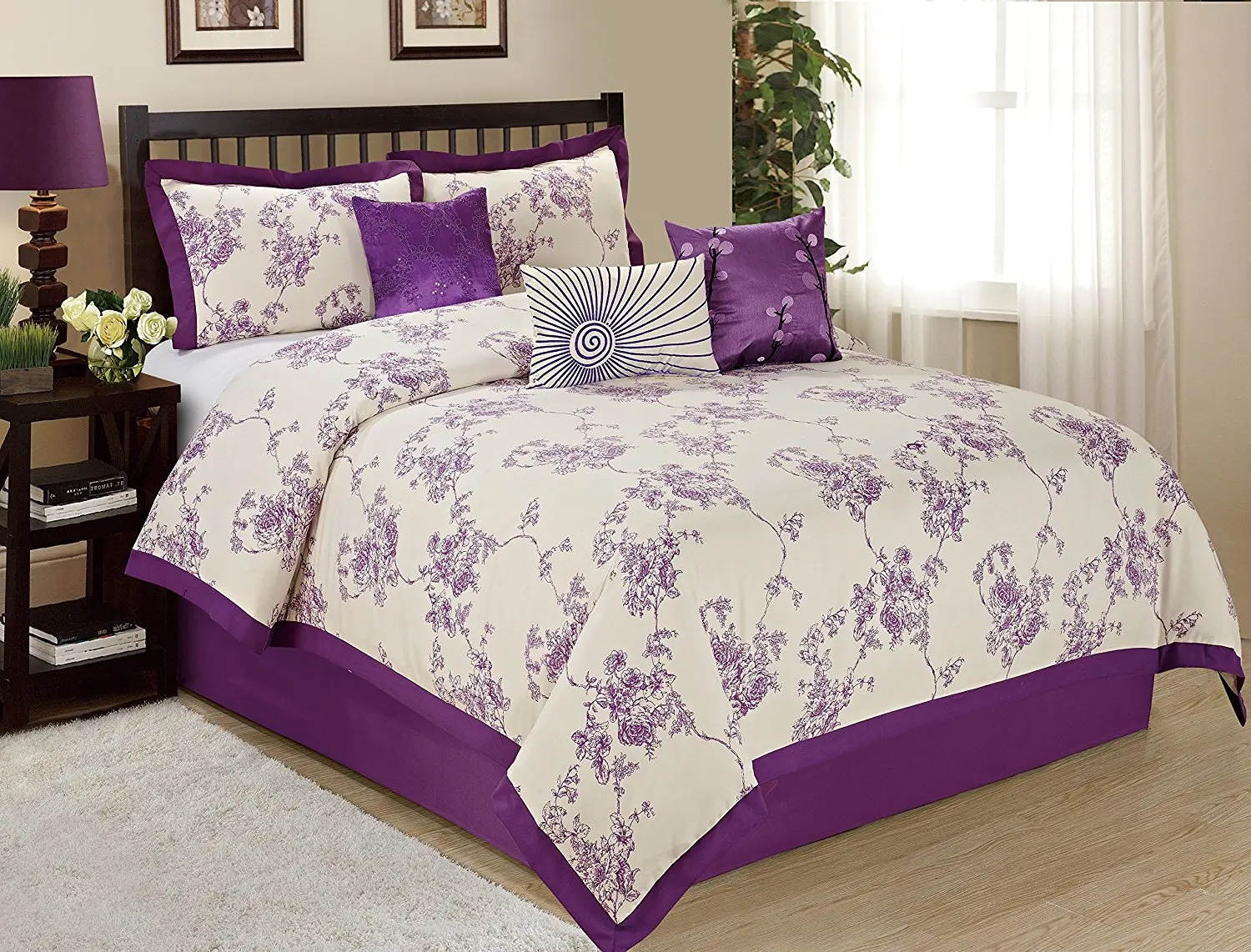 7 Piece SUNRISE Floral Printed Comforter Set Queen King CalKing Size (Queen, Purple)