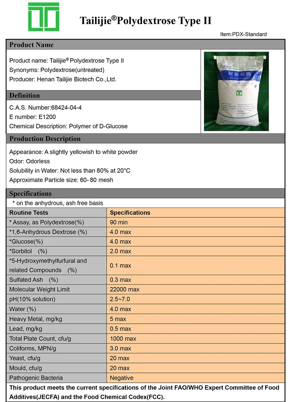 Tailijie Polydextrose Type II Specification 2018