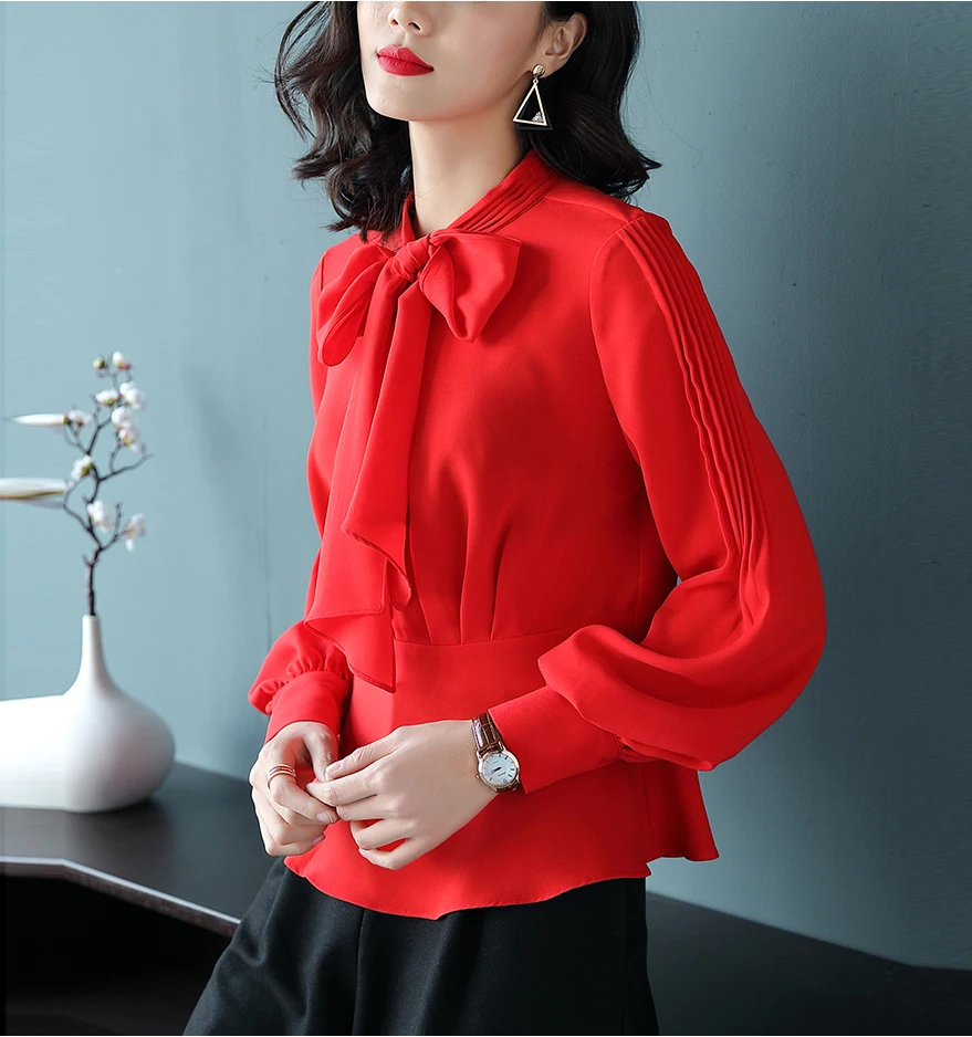 Women's 2018 Spring New Style Chiffon Red Blouse Long Sleeve Slim