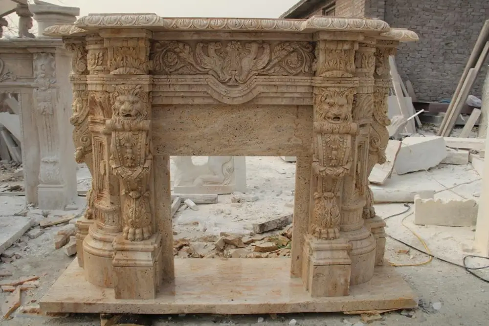 Indoor Used Fireplace Mantel Decor Beige Travertine Lion Head