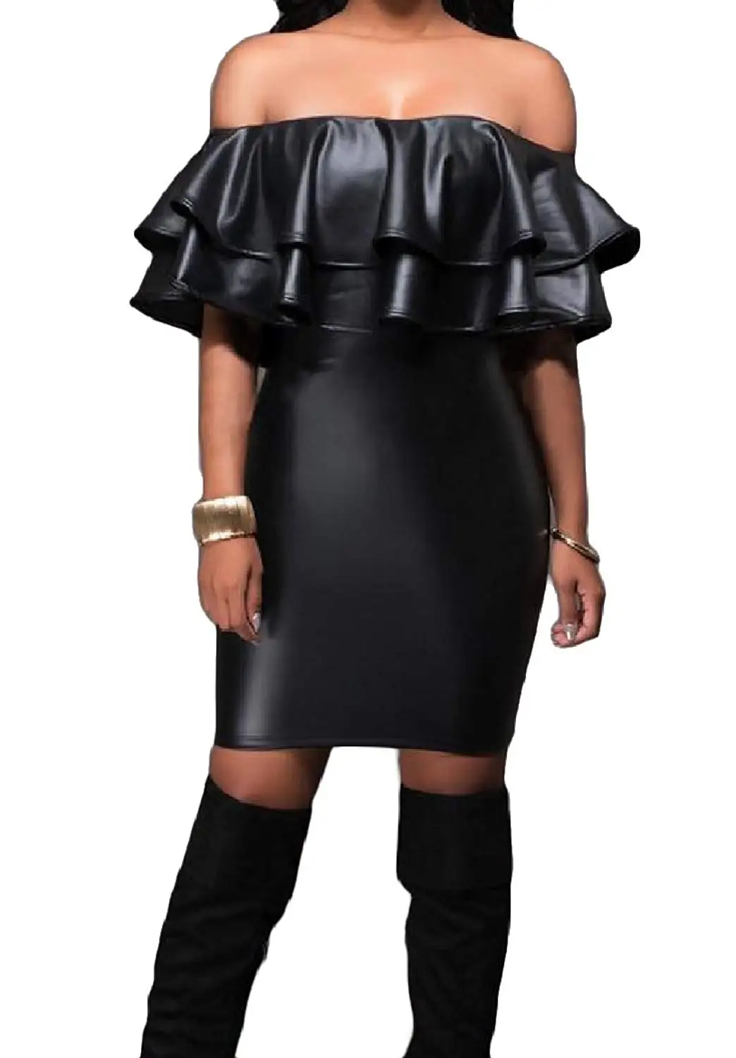 VividYou Women's Flounced Sleeve Off-Shoulder Cold Shoulder Sexy Solid-Colored Trim-Fit Midi Dress
