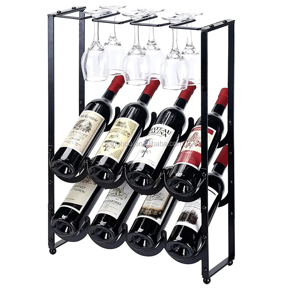 8 Bottle Floor Standing Countertop Metal Wire Wine Rack With Wine Glass