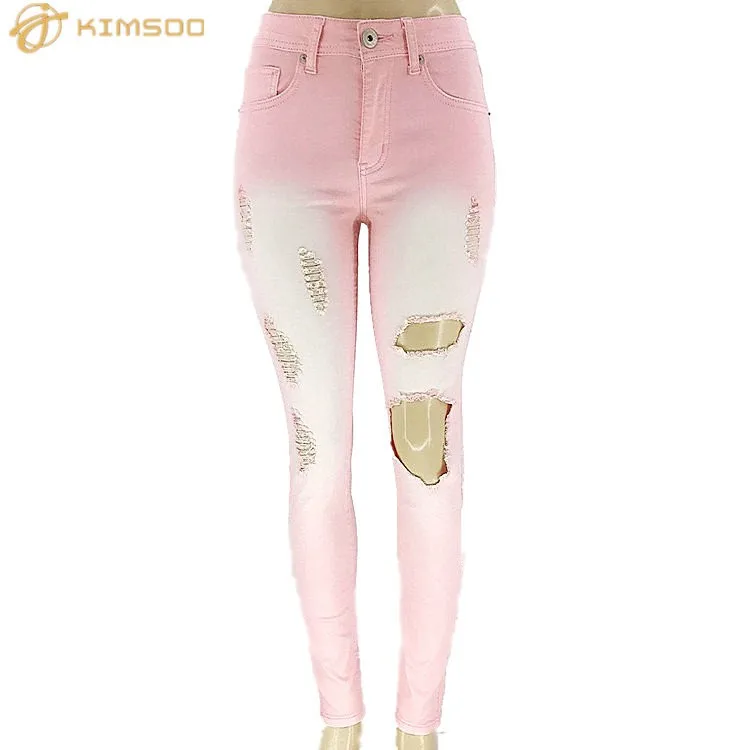 Female Fantasy Colorful Stretch Denim Jeans With Big Holes - Buy Bright ...