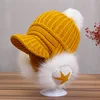 Custom acrylic wholesale earlap baseball winter pom pom girls knitted hats with visor