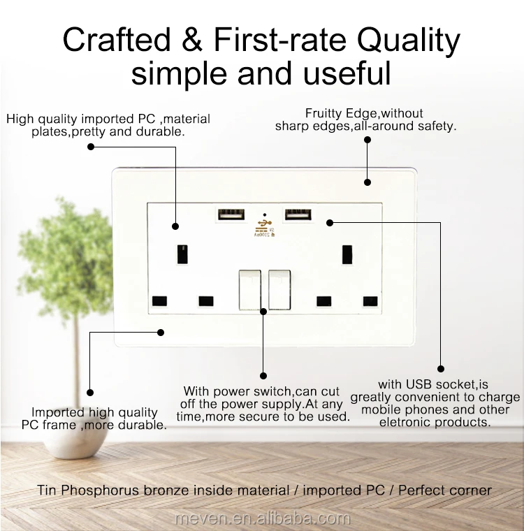 Standard Grounding 2 Gang 2 Way 13a Electrical Plug Socket With Switch