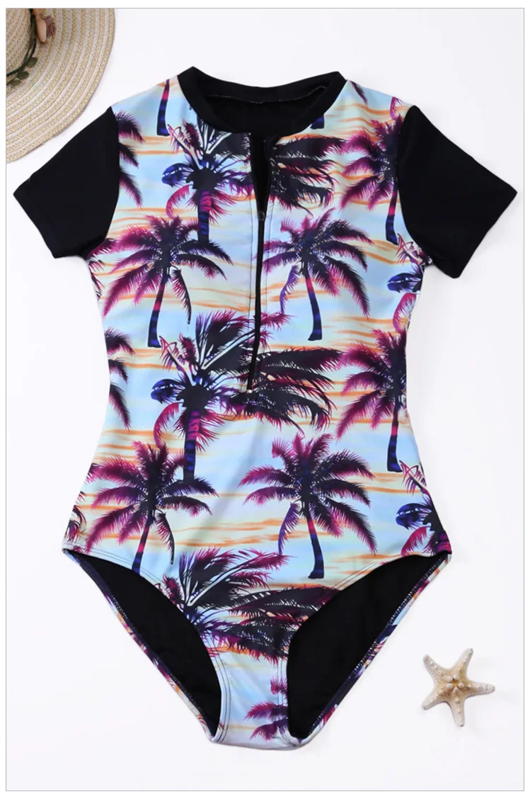 Women Red Blue Leaves Zip Front Half Sleeve Bathing Suit One Piece