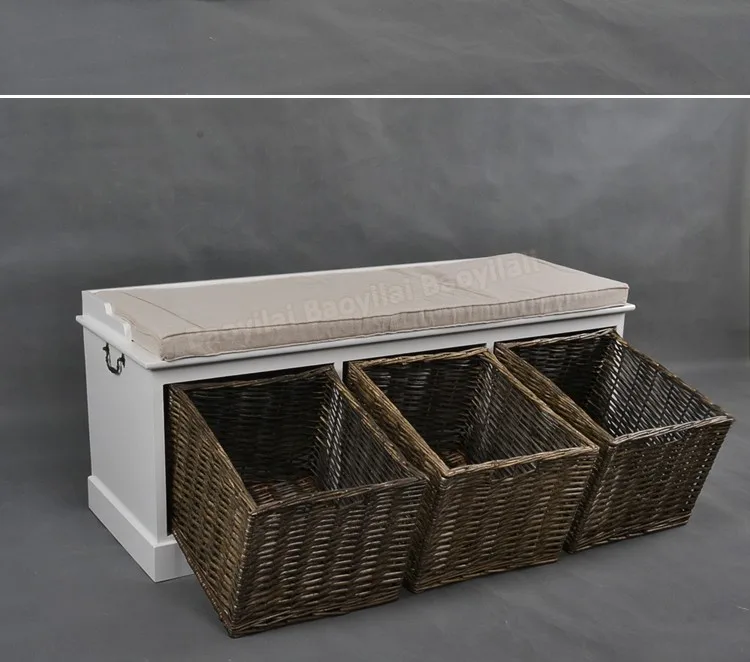 Wooden Bench With Wicker Drawers