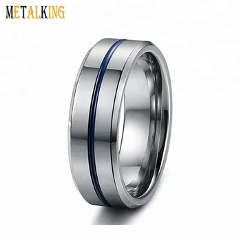 8mm Mens Tungsten Carbide Ring High Polished Groove Blue Line 8mm Mens Tungsten Carbide Ring High Polished Groove Blue Line Engagement Wedding Band Beveled Edge