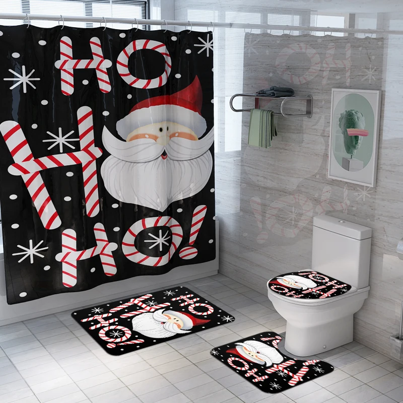 Ready to ship Christmas design Santa Claus polyester fabric bathroom mat bath rug sets 72"*72" shower curtain