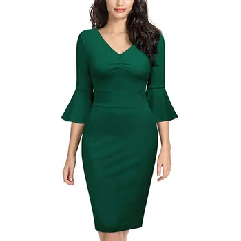 Clothes Women Flounce Bell Sleeve Scoop Neck Pictures Office Work Casual  Pencil Wholesale Dress For Ladies - Buy Office Dress,Pictures Office Dress  For Ladies,Clothes Women Dress Product on Alibaba.com