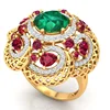 Low MOQ 1 PCS Luxury Art Deco Engagement Yellow Gold Plated Simulated Ruby Emerald Cubic Zirconia Women Large Cocktail Ring