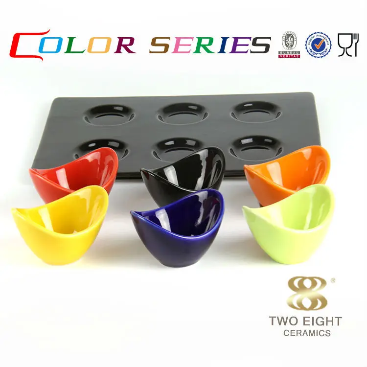 3.5"buffet Wholesale color condiment set 6 small ceramic divided bowl with tray