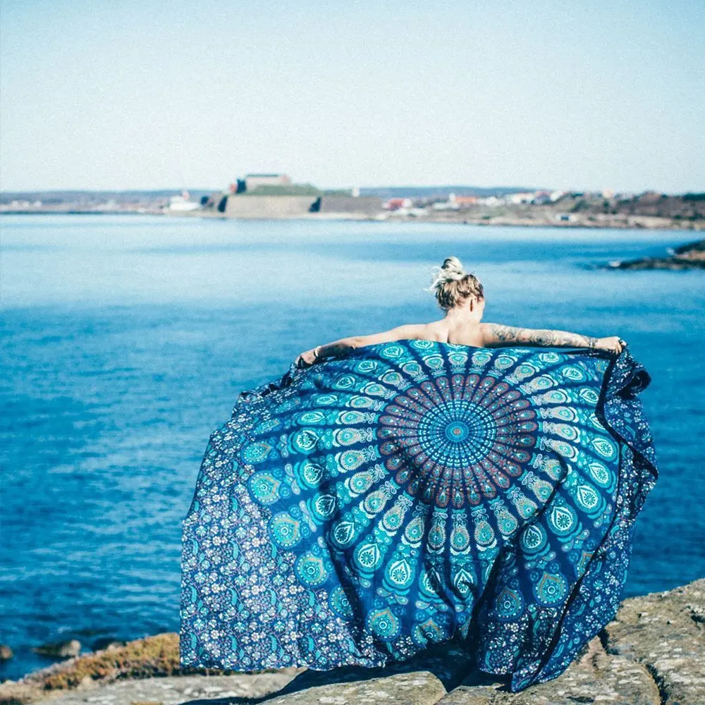 Beach Throw, Tsumbay Indian Mandala Beach Towel Wall Decor Hippie Tapestries Bohemian Mandala Beach Throw Tapestry Wall Hanging Throw, Yoga Mat, Picnic Mat, Table Throw - Lake Blue