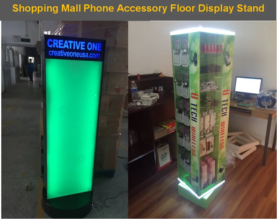 30 Pegs+Turning Wheels+RGB LED Custom Acrylic Floor Standing Display Rack For Cell Phone Accessories Phone Charger Display Stand