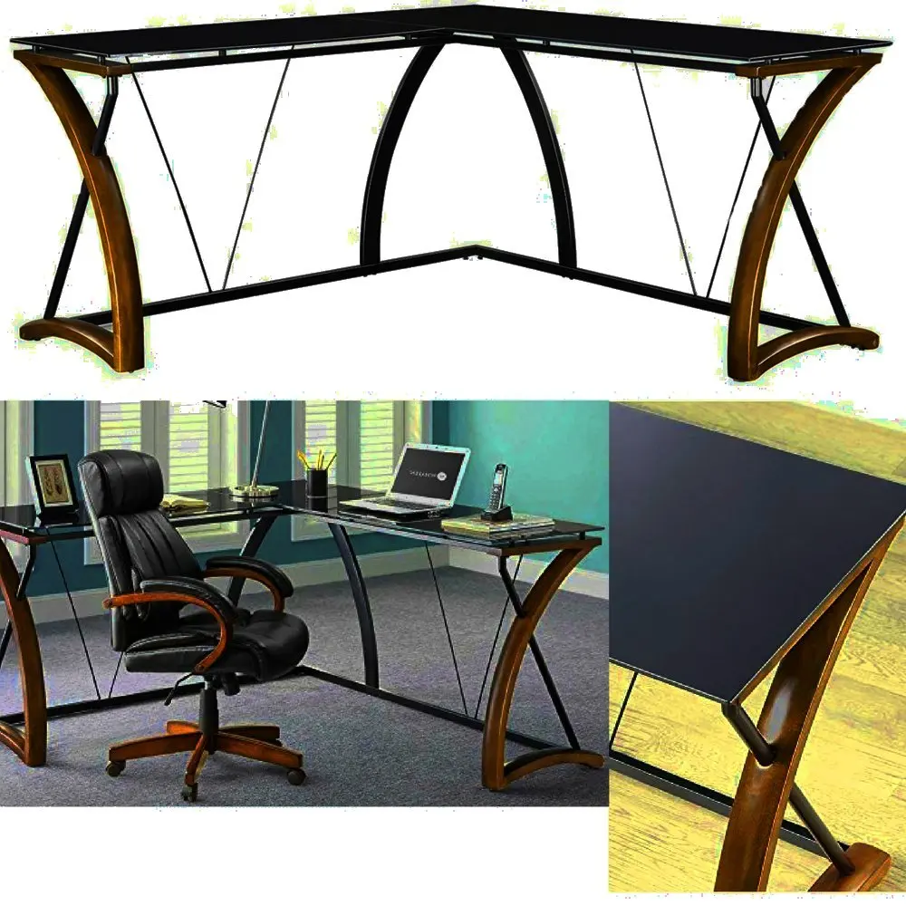 L-Shaped Glass Top Desk Wood Metal Frame Two Tone Cherry Black Large Corner Modern Sleek Curved Desk Top Laptop Computer Workstation Office Desk Furniture eBook by Easy&FunDeals